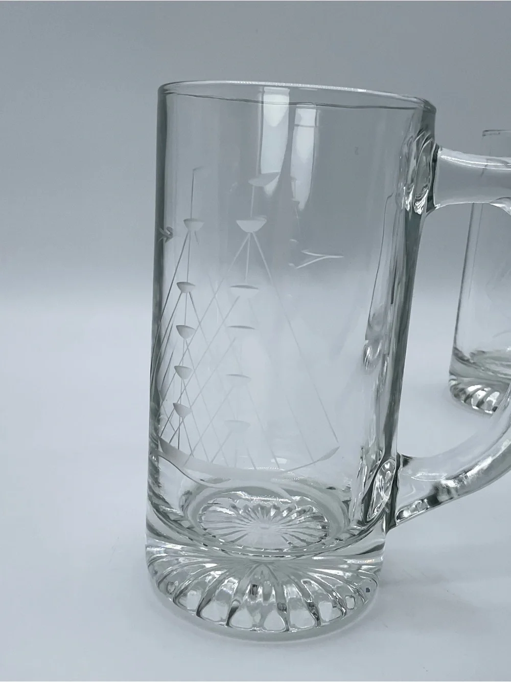 Vintage Etched Sailboat Beer Mugs Set of 4 Nautical Sailing Ship Glass Tankards